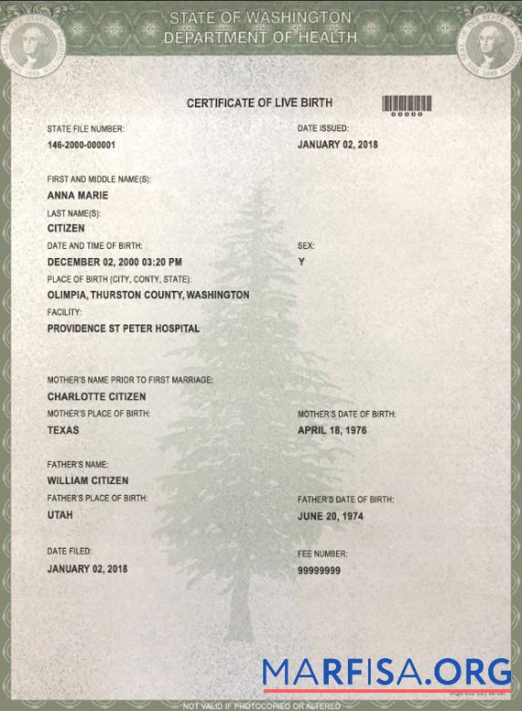 Downloadable USA Washington state birth certificate template in PSD format